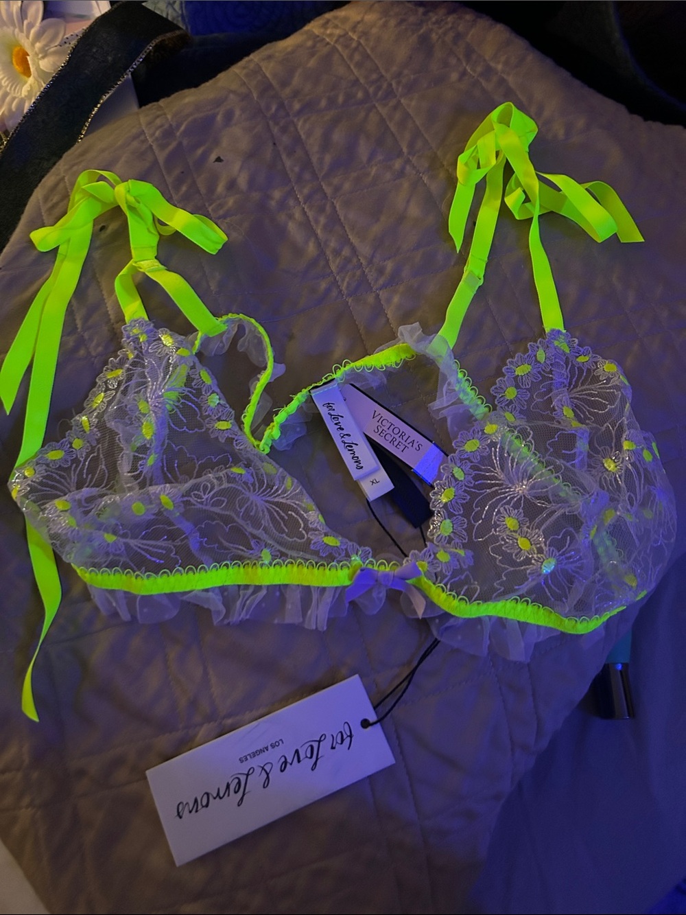 Victoria's Secret/for love & lemons rare Collab Neon Lime Sheer Lace Bralette